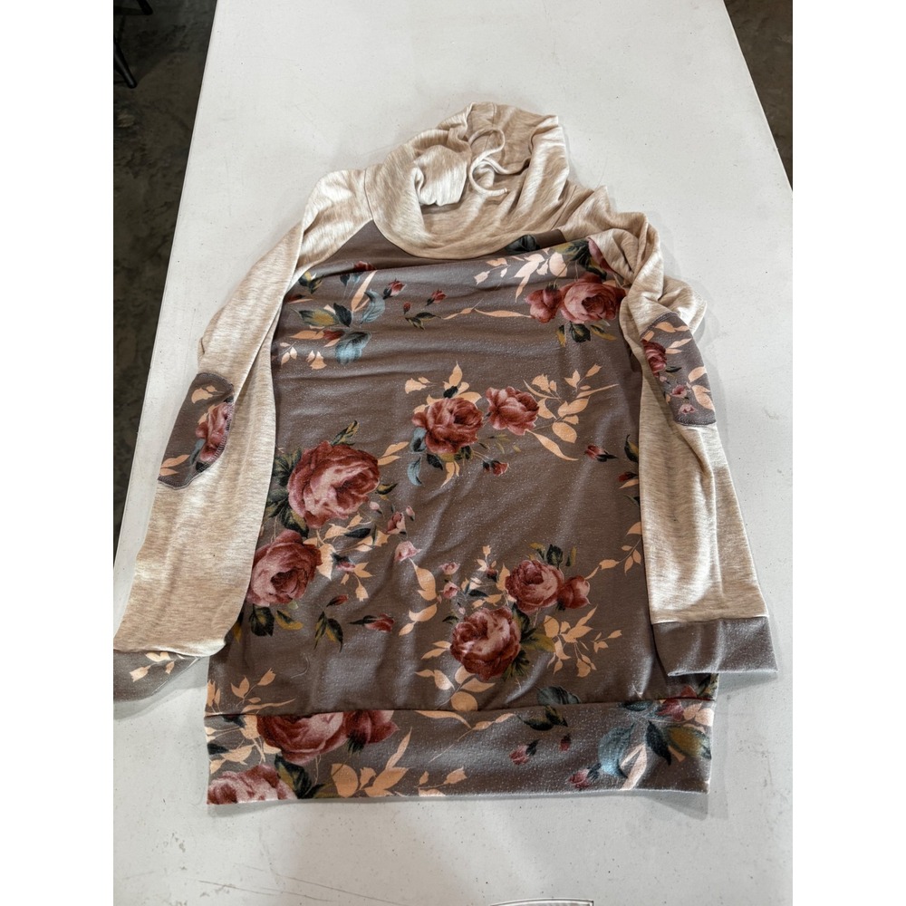Vanilla Bay Womens Floral Raglan Cowl Neck Hoodie Elbow Patches Taupe Oatmeal L